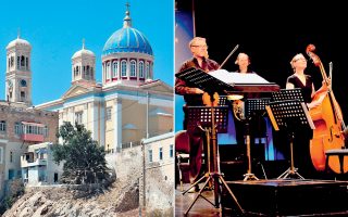 Ο ναός του Αγίου Νικολάου στην Ερμούπολη είναι από τους μεγαλοπρεπέστερους στην Ελλάδα. Μουσικοί της Βασιλικής Ορχήστρας της Δανίας στη Σύρο.