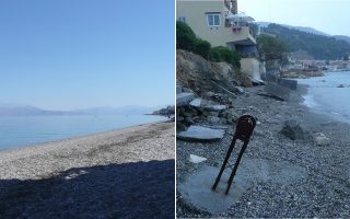 Μέχρι πριν από λίγα χρόνια, η παραλία μπροστά από τα σπίτια στο Δερβένι Κορινθίας είχε αρκετά μέτρα πλάτος (αριστερά). Σήμερα, μετά την υποθαλάσσια κατολίσθηση του 2012, η παραλία έχει σχεδόν εξαφανιστεί (δεξιά).