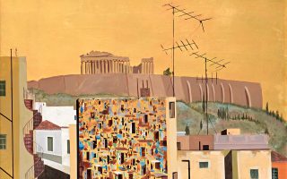 Η Αθήνα πρωταγωνιστεί σε μεγάλο αριθμό έργων του Σπύρου Βασιλείου: λεπτομέρεια από χαρακτηριστικό πίνακά του.