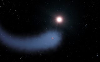 Απεικόνιση του ερυθρού νάνου και του πλανήτη Gliese 436b, που οι επιστήμονες ονόμασαν Βεεμώθ, χάρη στην εντυπωσιακή ουρά υδρογόνου η οποία τον ακολουθεί στην τροχιά του.