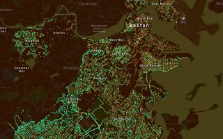 Χάρτης της Βοστώνης. Οι πράσινες κουκκίδες αντιστοιχούν σε εκτάσεις με δέντρα.