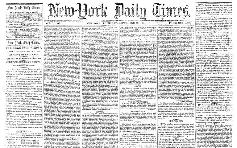 Σαν σήμερα πριν από 167 χρόνια κυκλοφόρησε το πρώτο φύλλο των New York Times (φωτογραφία)