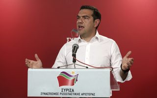 Greece's Prime Minister Alexis Tsipras makes statements at the Syriza party headquarters in Athens on Sunday, May 26, 2019. New Democracy leader Kyriakos Mitsotakis, the protected winner of Sunday's European election, has just called on Prime Minister Alexis Tsipras to resign.(AP Photo/Yorgos Karahalis)
