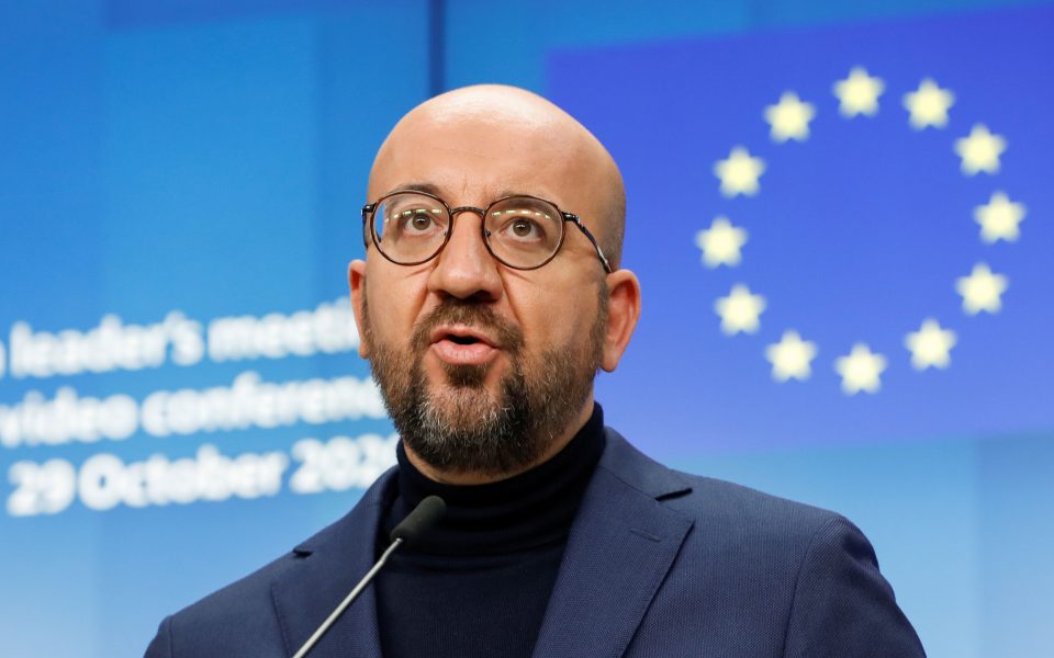 European Council President Charles Michel speaks during a news conference following a virtual EU/Canada Summit in Brussels, Belgium October 29, 2020. Olivier Hoslet/Pool via REUTERS