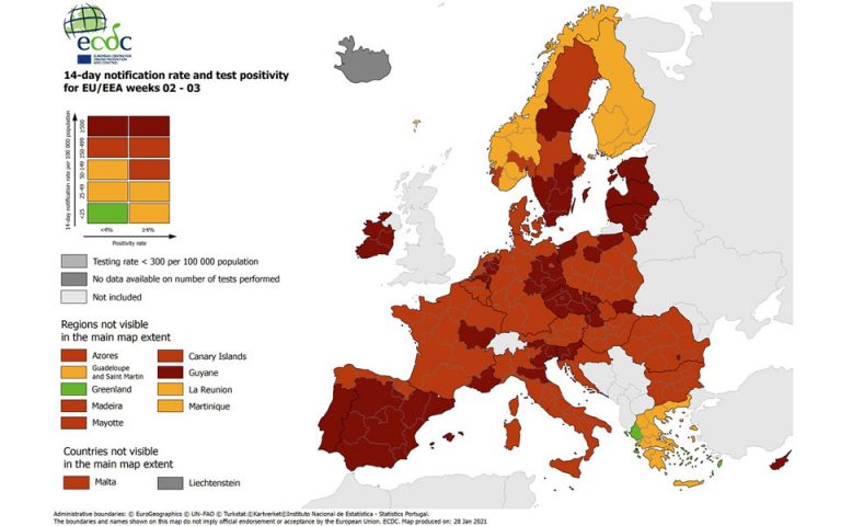 Χάρτης ECDC: Παραμένει «πορτοκαλί» και «πράσινη» η Ελλάδα