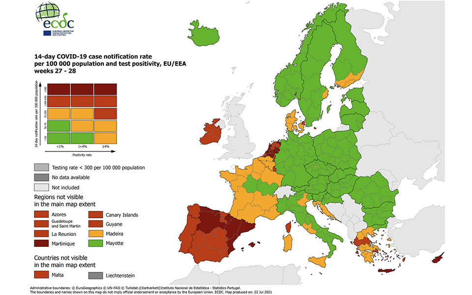 Χάρτης ECDC: «Κόκκινη» η Κρήτη – Ποιες περιοχές της χώρας βρίσκονται στο «πορτοκαλί»