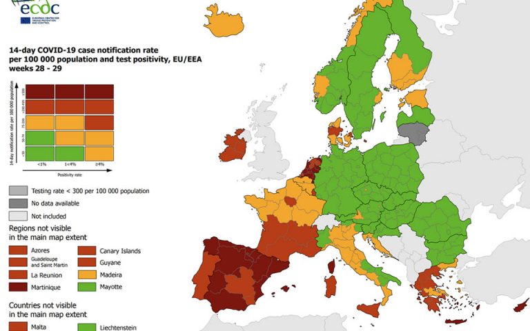Χάρτης ECDC: «Κόκκινη» η χώρα – Ποιες περιοχές παραμένουν στο «πορτοκαλί»