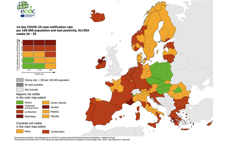 Χάρτης ECDC: Ποιες περιοχές της Ελλάδας παραμένουν στο «βαθύ κόκκινο»