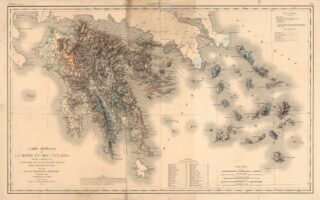 Εμίλ Πουγιόν Μπομπλέ, Χάρτης της γεωλογικής διαμόρφωσης και των ερειπίων της Πελοποννήσου, από τον Ατλαντα της Επιστημονικής Αποστολής του Μοριά. Παρίσι 1833. Συλλογή Γ. Κωστόπουλου.
