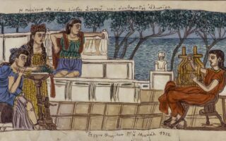 «H ποιήτρια της νήσου λέσβου Σαπφώ και ο κυθαρωδός Αλκαίος», 1932. Συλλογή Μουσείου Θεόφιλου, Δήμου Μυτιλήνης.