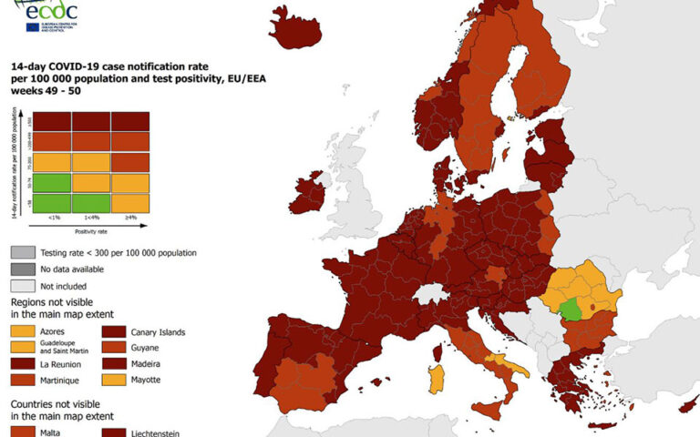 Κορωνοϊός – Χάρτης ECDC: Στο «βαθύ κόκκινο» Ελλάδα και Ευρώπη