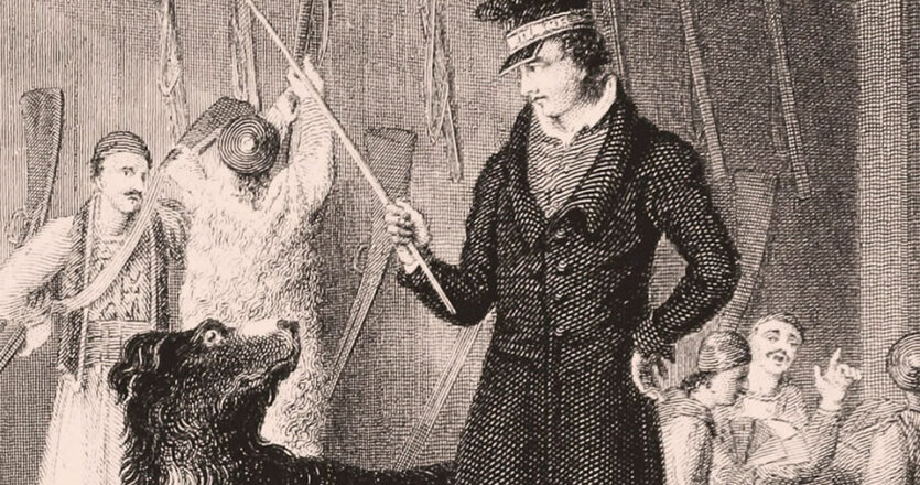 Ο Λόρδος Μπάιρον με έναν από τους αγαπημένους του σκύλους στο Μεσολόγγι, σε αυτό το χαρακτικό του Ουίλιαμ Πάρι. [William Parry, The last days of Lord Byron 1825 / ΕΙΜ]